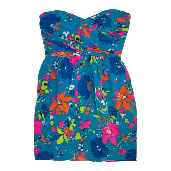 Shoshanna 100% Silk Tropical Blue Strapless Floral Mini Dress Size 4 - Picture 1 of 5